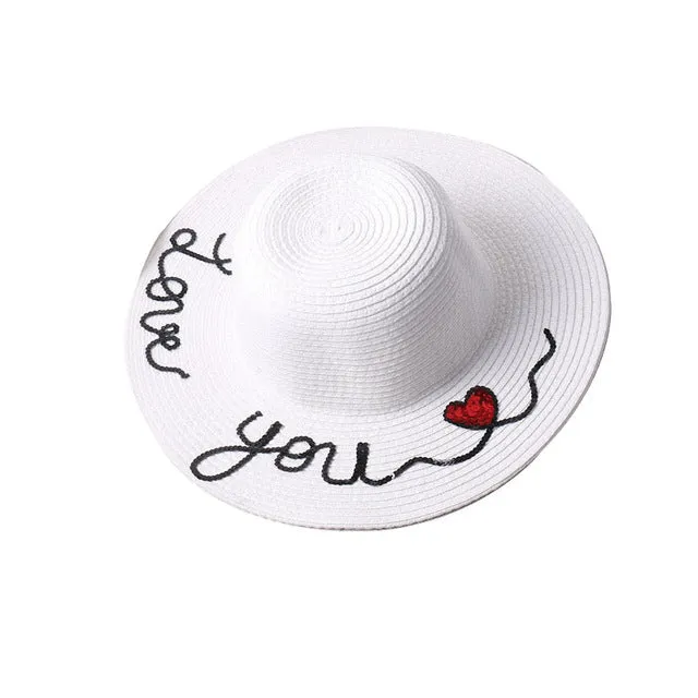 2017 Fashion women summer handmade love you paillette fedora straw sun hat beach hat for kids