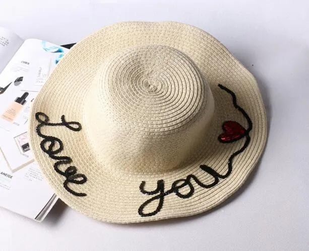 2017 Fashion women summer handmade love you paillette fedora straw sun hat beach hat for kids