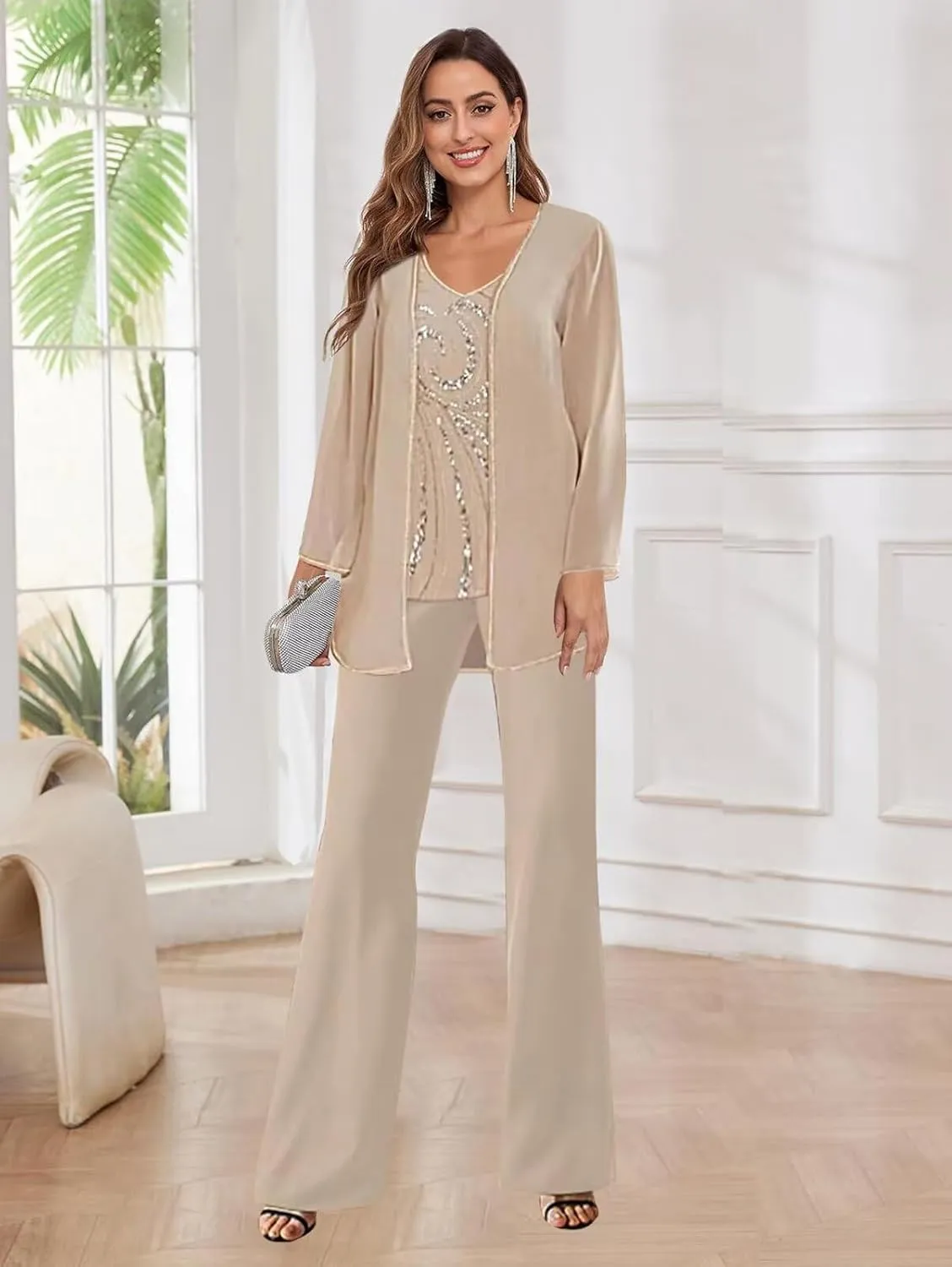 3 Pieces Mother of The Bride Pant Suits for Women Dressy Wedding Sequin Beaded Chiffon Formal Outfit with Jacket