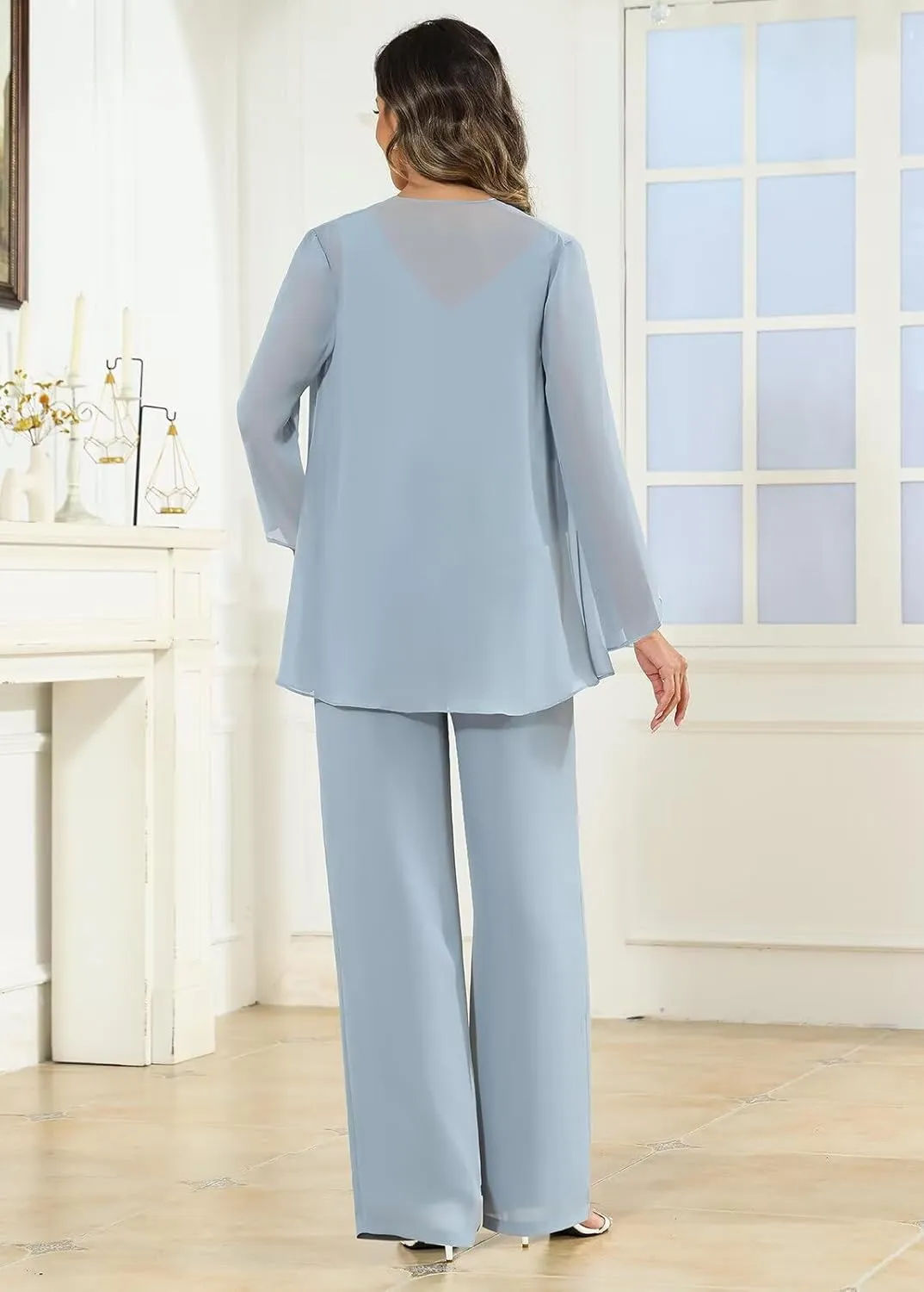 3 Pieces Mother of The Bride Pant Suits for Women Dressy Wedding Sequin Beaded Chiffon Formal Outfit with Jacket