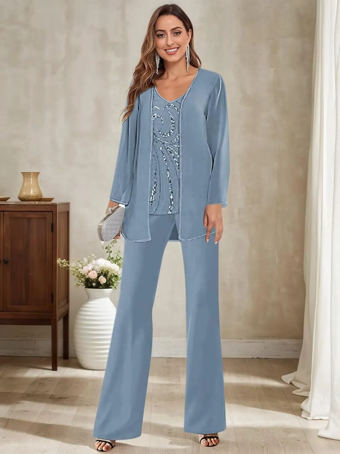 3 Pieces Mother of The Bride Pant Suits for Women Dressy Wedding Sequin Beaded Chiffon Formal Outfit with Jacket