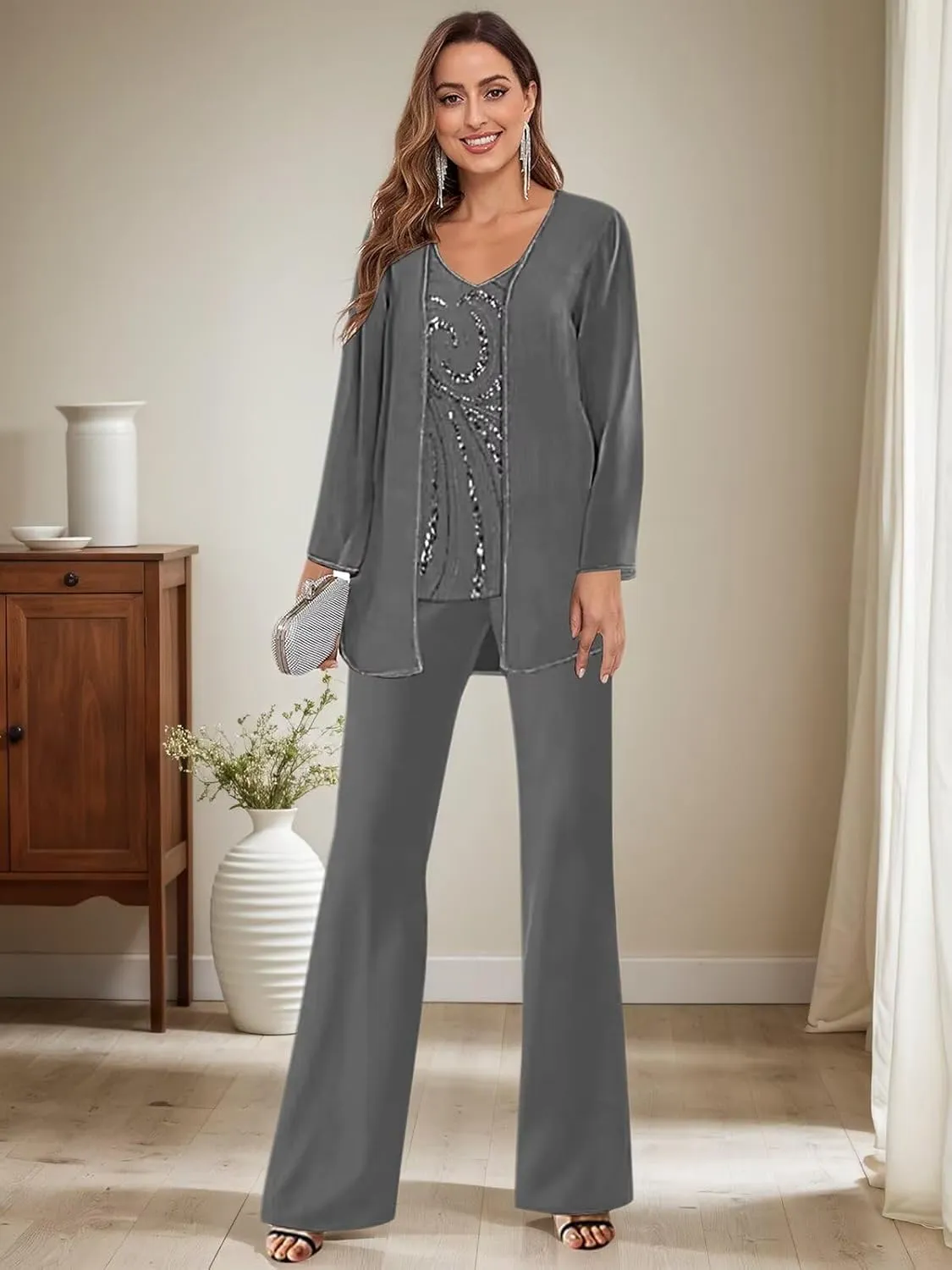 3 Pieces Mother of The Bride Pant Suits for Women Dressy Wedding Sequin Beaded Chiffon Formal Outfit with Jacket
