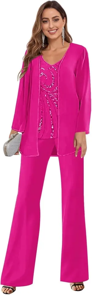 3 Pieces Mother of The Bride Pant Suits for Women Dressy Wedding Sequin Beaded Chiffon Formal Outfit with Jacket
