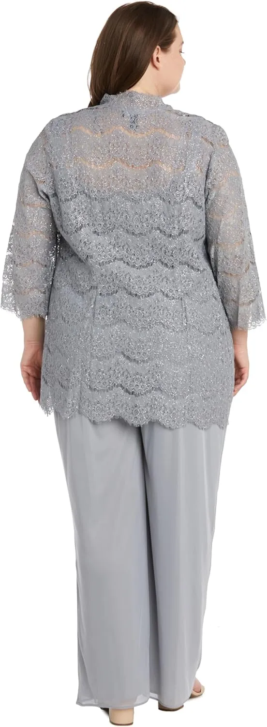 3PC Duster Pant Suit Lace Shell & Jacket W/Chiffon Pant