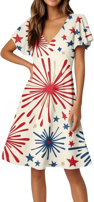 4Th of July Summer Midi Dress Women Patriotic V Neck Short Sleeve A Line Red White and Blue Dress American Flag Outfits