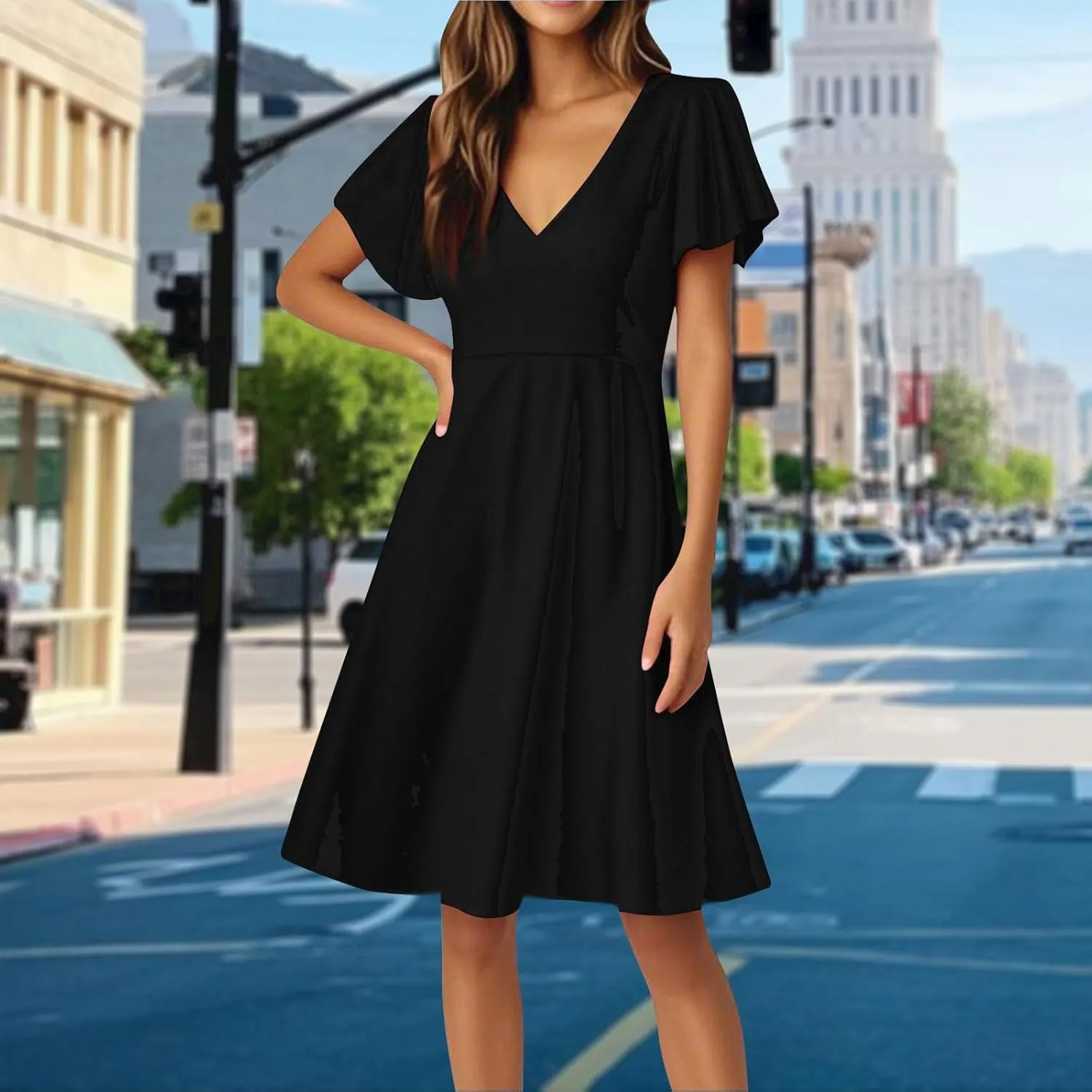 4Th of July Summer Midi Dress Women Patriotic V Neck Short Sleeve A Line Red White and Blue Dress American Flag Outfits