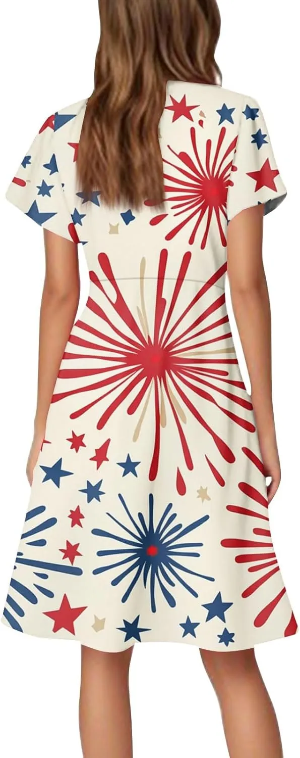 4Th of July Summer Midi Dress Women Patriotic V Neck Short Sleeve A Line Red White and Blue Dress American Flag Outfits