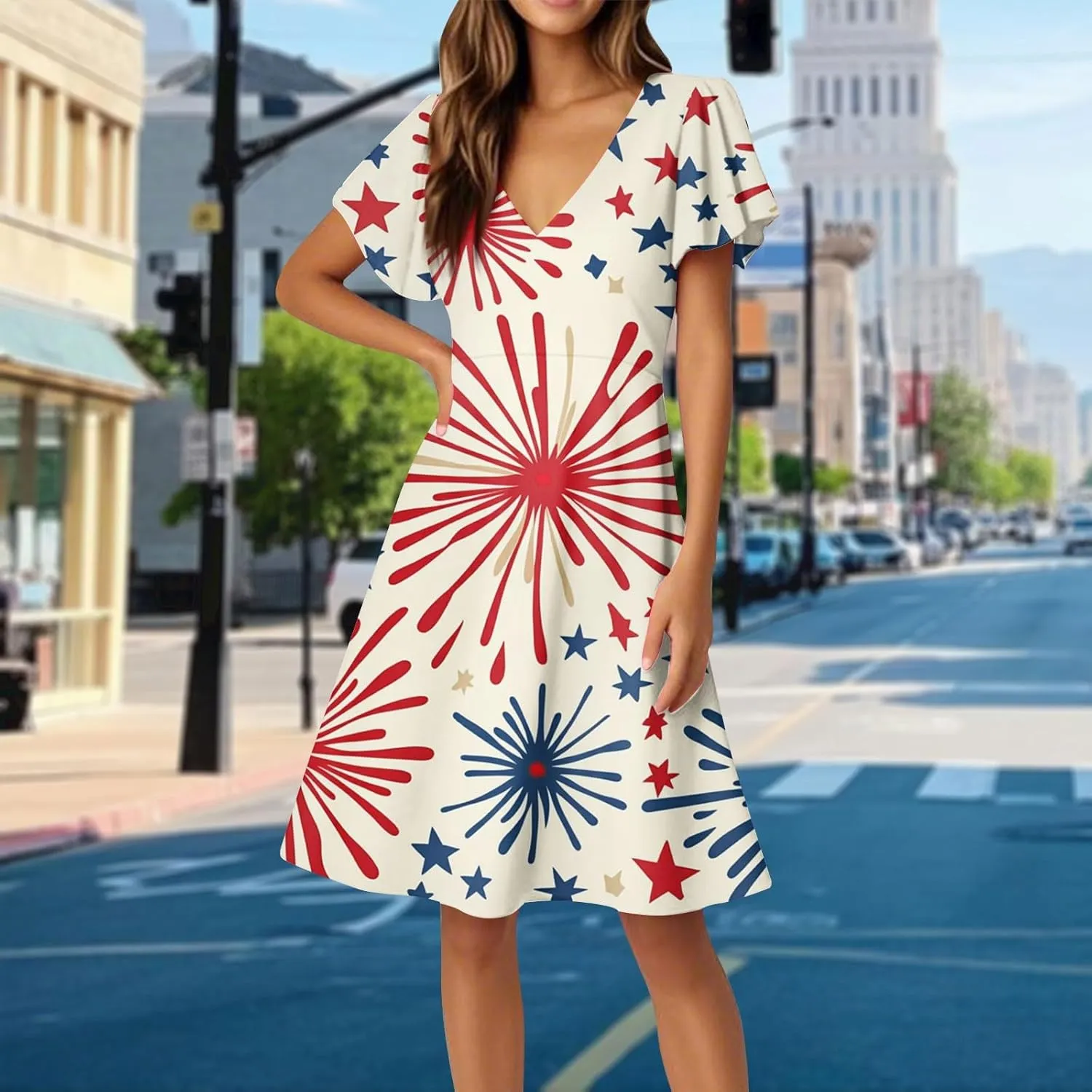 4Th of July Summer Midi Dress Women Patriotic V Neck Short Sleeve A Line Red White and Blue Dress American Flag Outfits