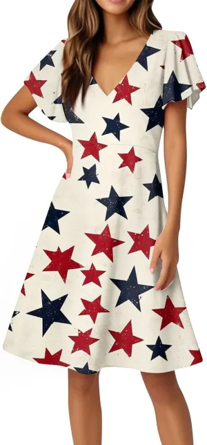 4Th of July Summer Midi Dress Women V Neck Short Sleeve A Line Red White and Blue Dress Patriotic American Flag Outfits