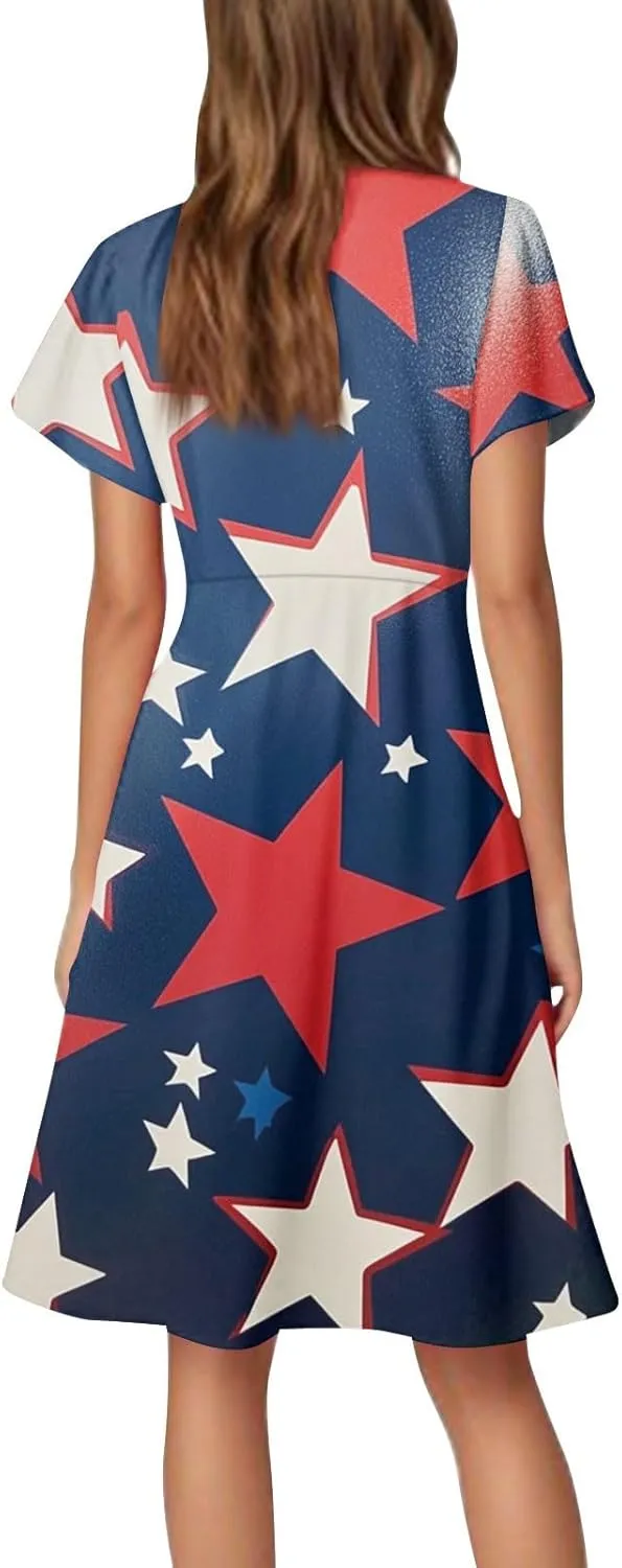 4Th of July Summer Midi Dress Women V Neck Short Sleeve A Line Red White and Blue Dress Patriotic American Flag Outfits