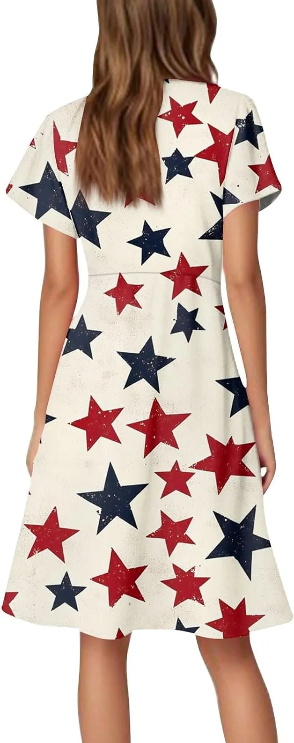 4Th of July Summer Midi Dress Women V Neck Short Sleeve A Line Red White and Blue Dress Patriotic American Flag Outfits