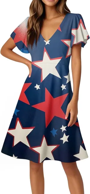 4Th of July Summer Midi Dress Women V Neck Short Sleeve A Line Red White and Blue Dress Patriotic American Flag Outfits