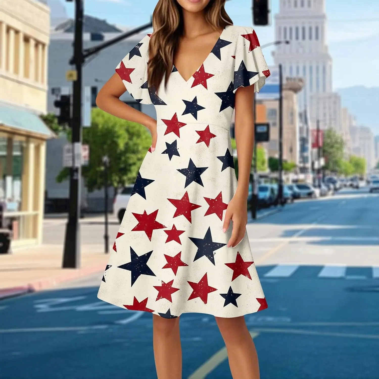 4Th of July Summer Midi Dress Women V Neck Short Sleeve A Line Red White and Blue Dress Patriotic American Flag Outfits