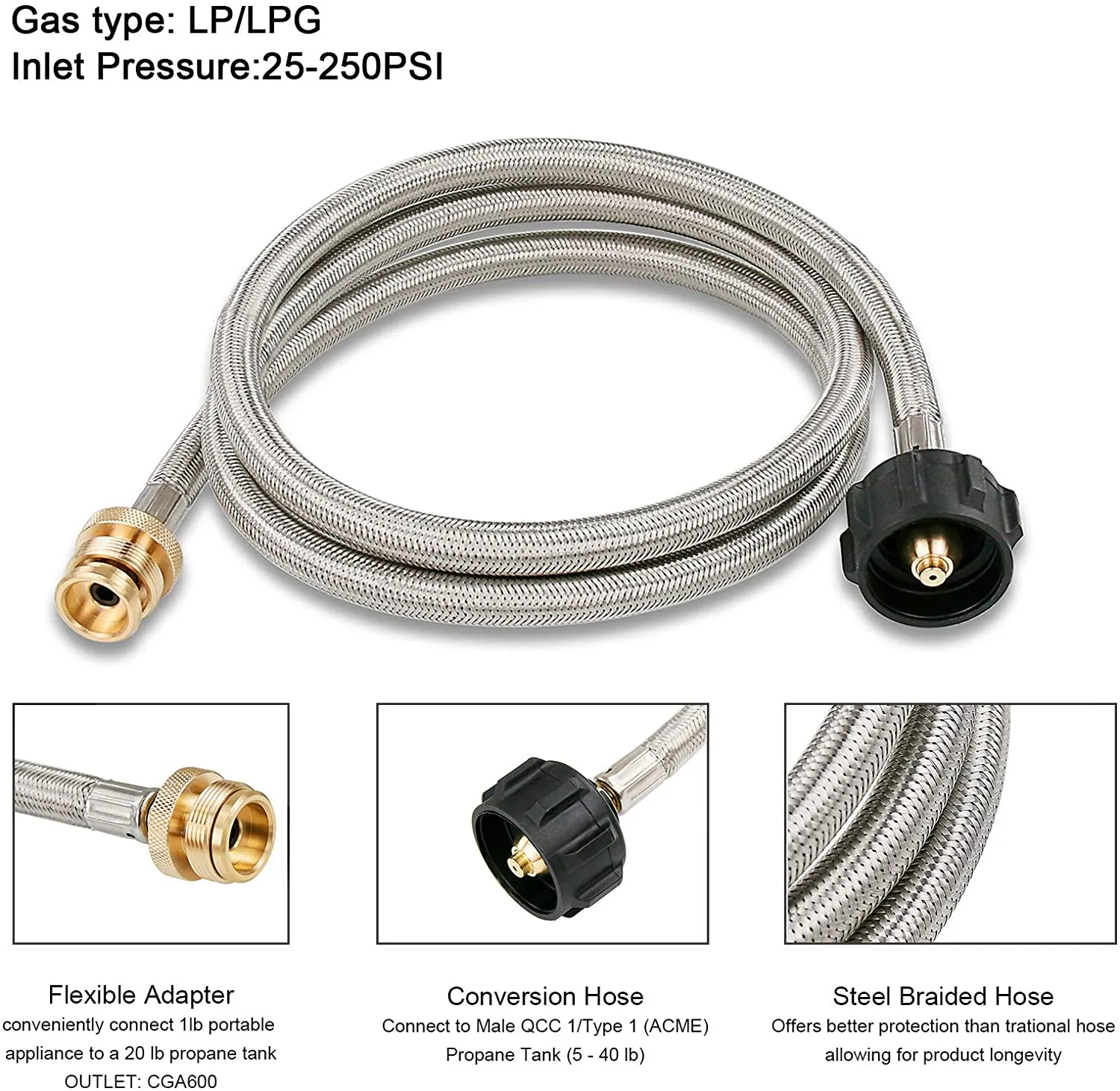 5 Feet SS Braided Propane Adapter Hose Converter for QCC1 / Type1 1lb 20 lb LP Tank, for Weber Q Series and Coleman Stoves