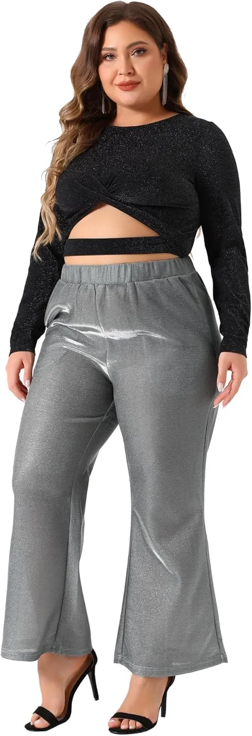Agnes Orinda Plus Size Metallic Sparkly Pants for Women High Waist Wide Leg Pants Palazzo Trousers Clubwear