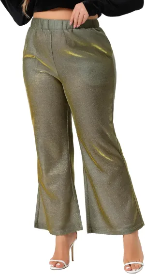 Agnes Orinda Plus Size Metallic Sparkly Pants for Women High Waist Wide Leg Pants Palazzo Trousers Clubwear