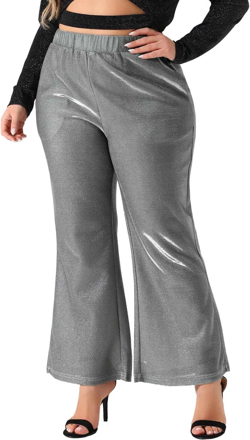 Agnes Orinda Plus Size Metallic Sparkly Pants for Women High Waist Wide Leg Pants Palazzo Trousers Clubwear