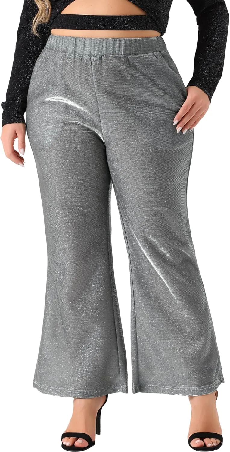 Agnes Orinda Plus Size Metallic Sparkly Pants for Women High Waist Wide Leg Pants Palazzo Trousers Clubwear