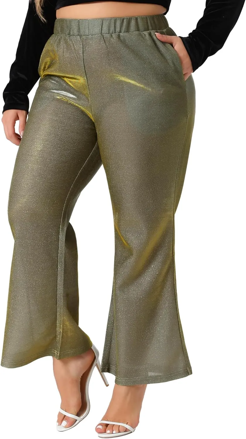 Agnes Orinda Plus Size Metallic Sparkly Pants for Women High Waist Wide Leg Pants Palazzo Trousers Clubwear