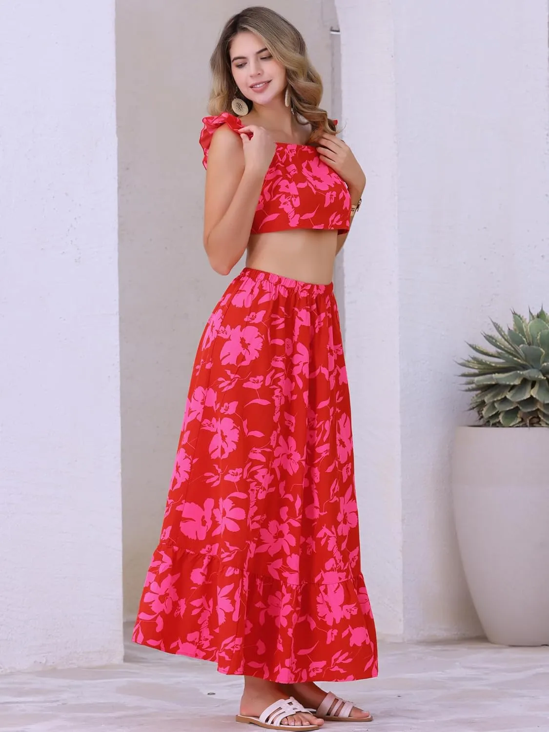 Allegra K Floral Print 2 Piece Set for Women Summer Tank Top and Maxi Skirt Outfit Casual Beach Dress
