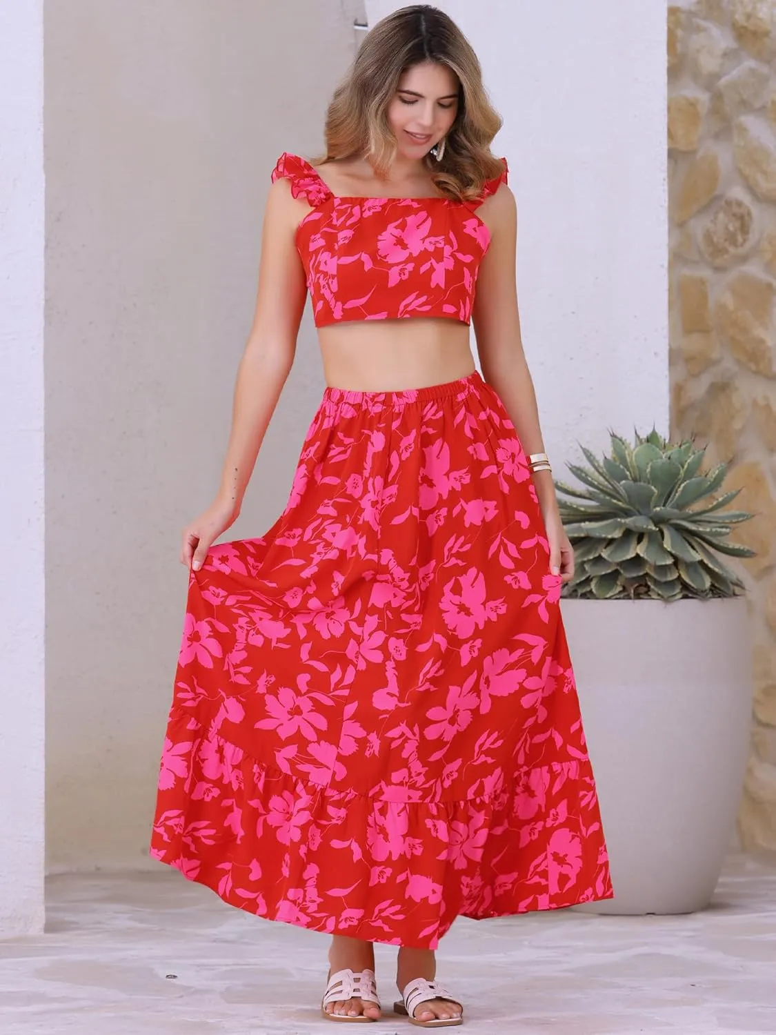 Allegra K Floral Print 2 Piece Set for Women Summer Tank Top and Maxi Skirt Outfit Casual Beach Dress