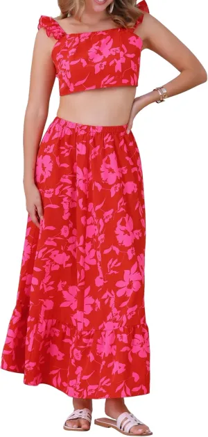 Allegra K Floral Print 2 Piece Set for Women Summer Tank Top and Maxi Skirt Outfit Casual Beach Dress