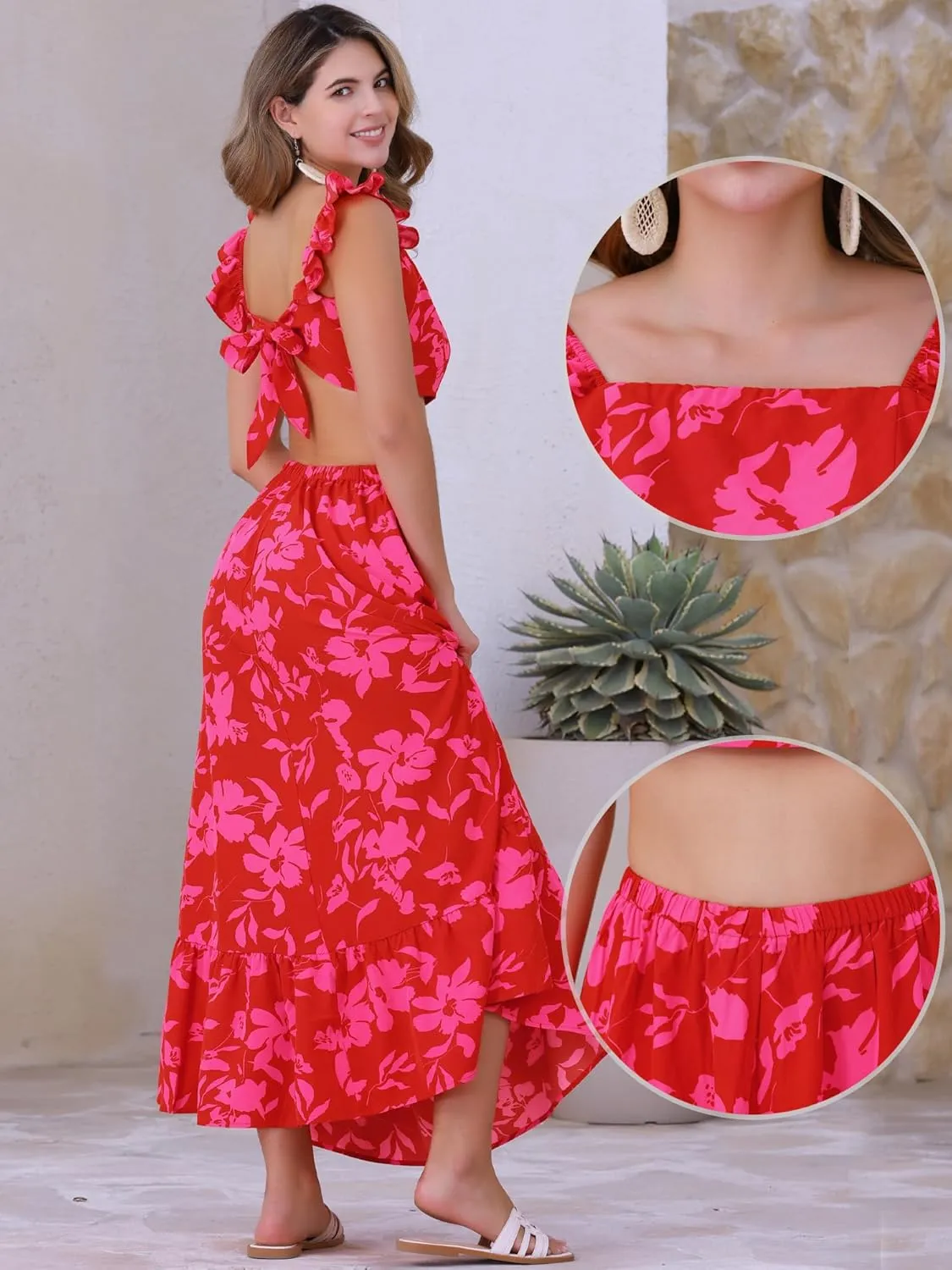 Allegra K Floral Print 2 Piece Set for Women Summer Tank Top and Maxi Skirt Outfit Casual Beach Dress
