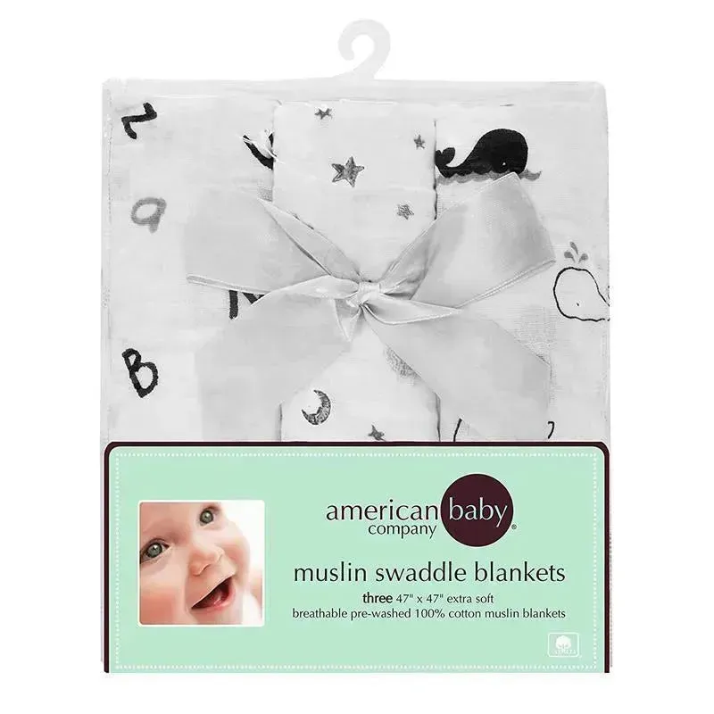 American Baby Company Muslin Swaddle Blankets 3-Pack, Black and Grey