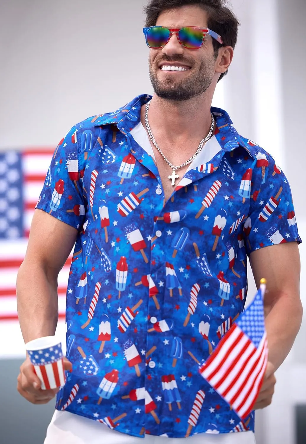 Arvilhill Men American Flag Button Shirt 4th of July Short Sleeve Shirts (S-3XL)