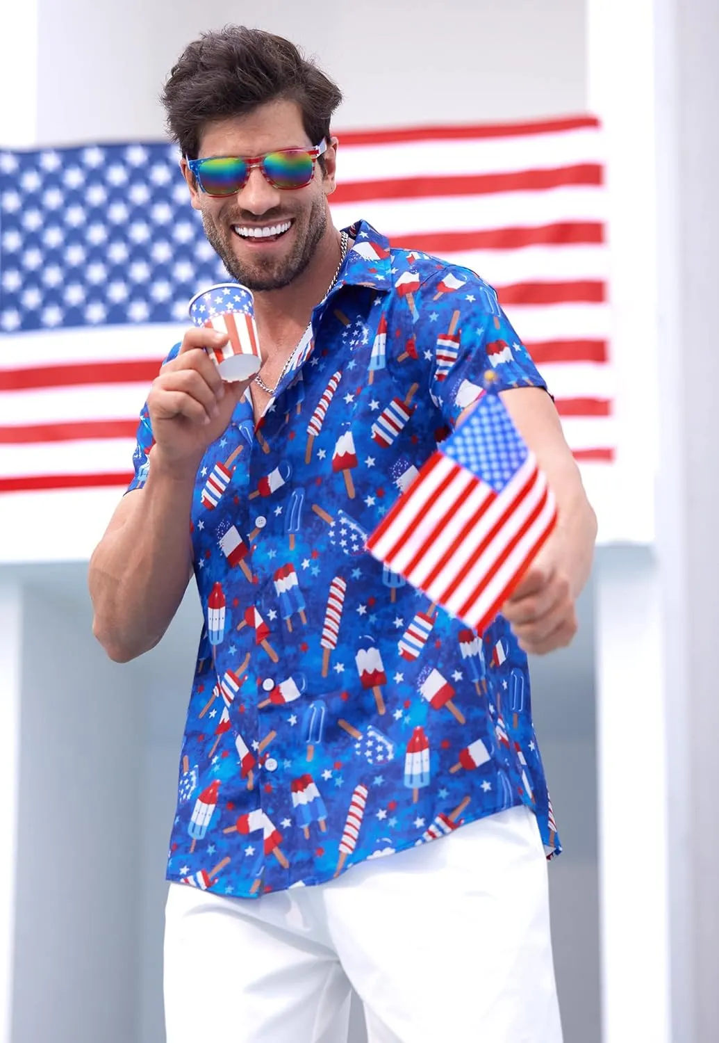 Arvilhill Men American Flag Button Shirt 4th of July Short Sleeve Shirts (S-3XL)