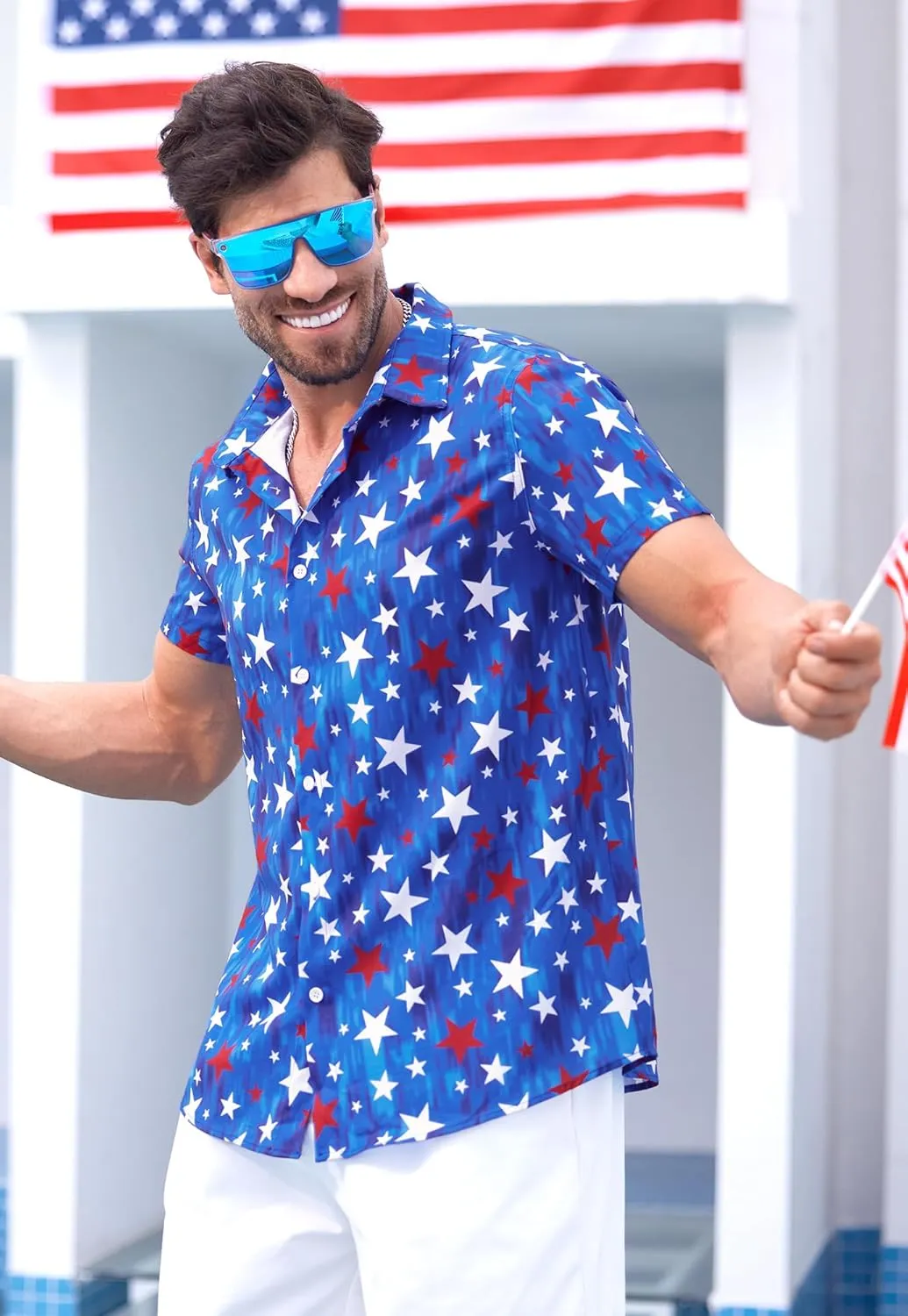 Arvilhill Men American Flag Button Shirt 4th of July Short Sleeve Shirts (S-3XL)