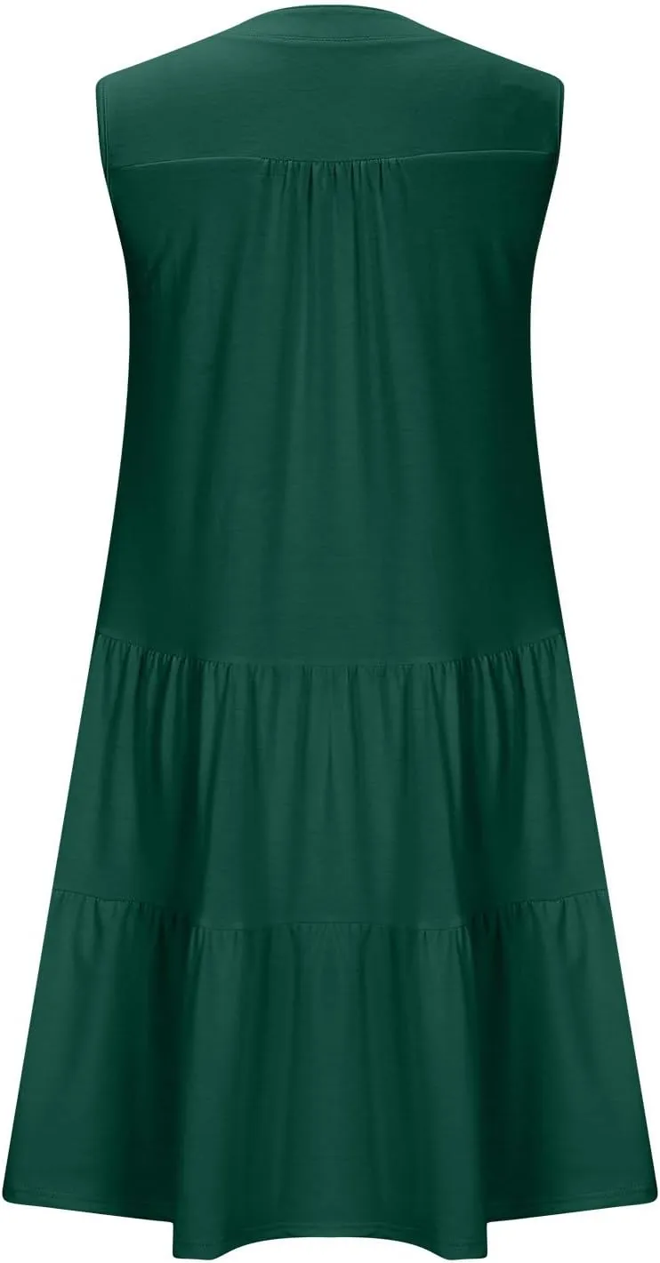 Beach Dresses for Women 2025 Vacation Sleeveless V Neck Flowy Mini Dress Fashion Ruffle Summer Sundress with Pockets