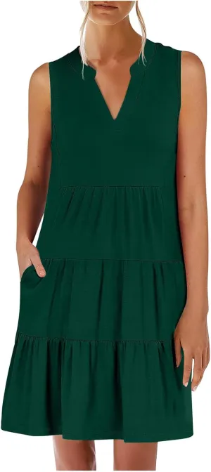 Beach Dresses for Women 2025 Vacation Sleeveless V Neck Flowy Mini Dress Fashion Ruffle Summer Sundress with Pockets