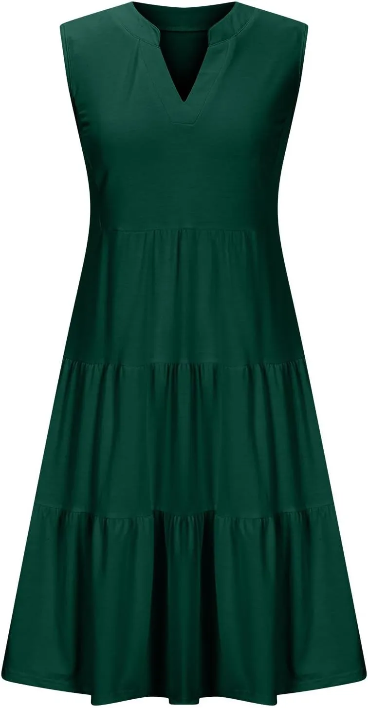 Beach Dresses for Women 2025 Vacation Sleeveless V Neck Flowy Mini Dress Fashion Ruffle Summer Sundress with Pockets