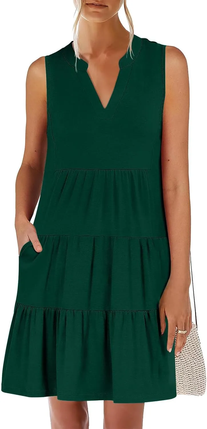 Beach Dresses for Women 2025 Vacation Sleeveless V Neck Flowy Mini Dress Fashion Ruffle Summer Sundress with Pockets