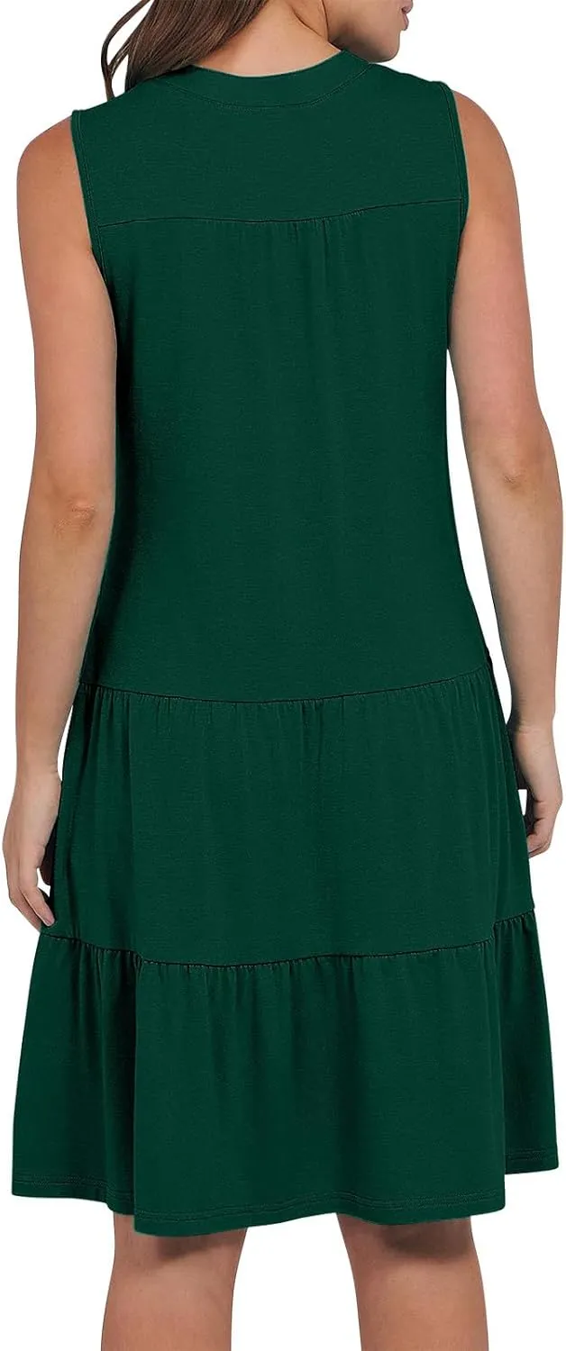 Beach Dresses for Women 2025 Vacation Sleeveless V Neck Flowy Mini Dress Fashion Ruffle Summer Sundress with Pockets