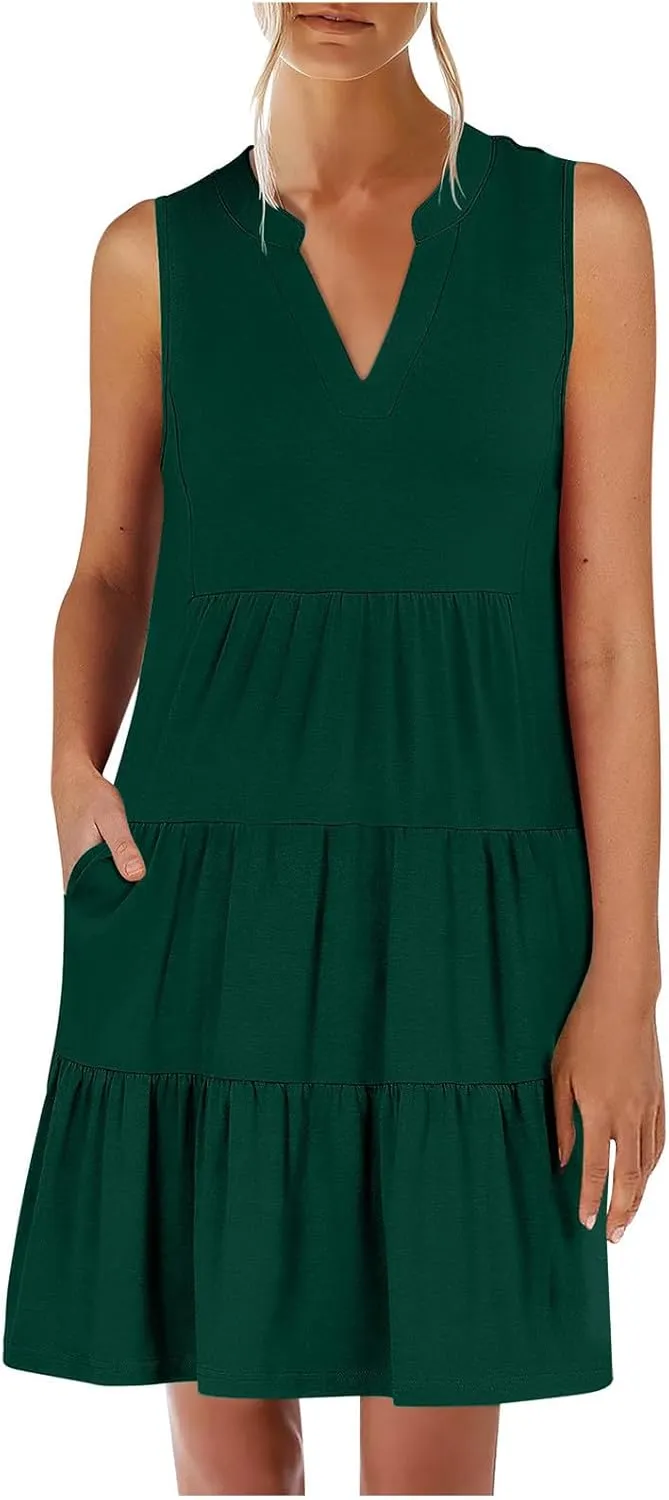 Beach Dresses for Women 2025 Vacation Sleeveless V Neck Flowy Mini Dress Fashion Ruffle Summer Sundress with Pockets