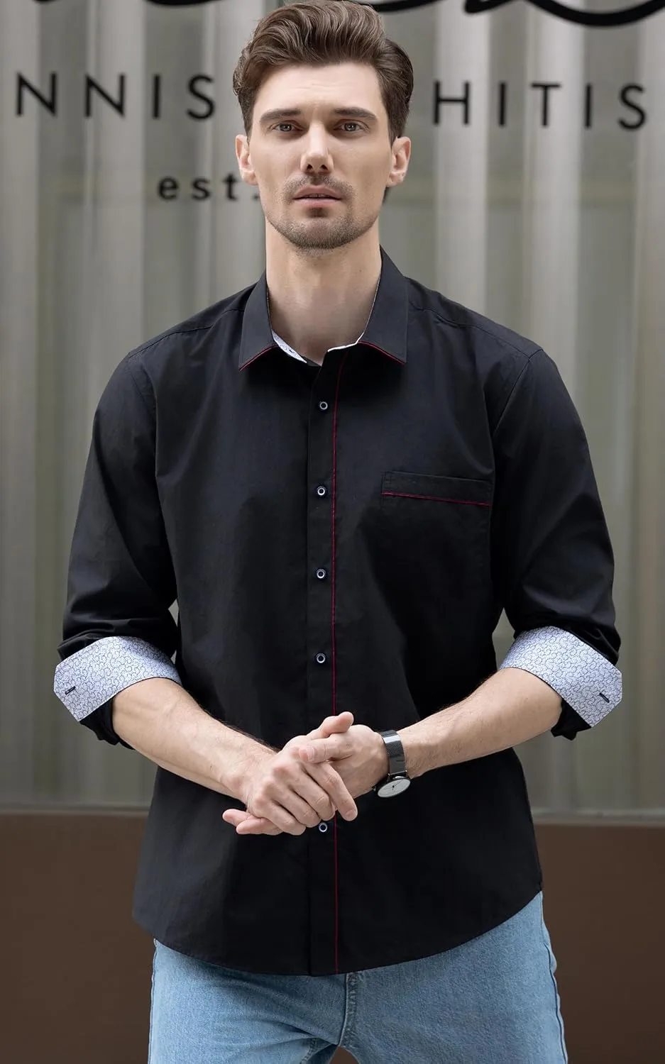 Beninos Men's Casual Long Sleeve Stretch Dress Shirt Wrinkle-Free Slim Fit Button Down Shirts