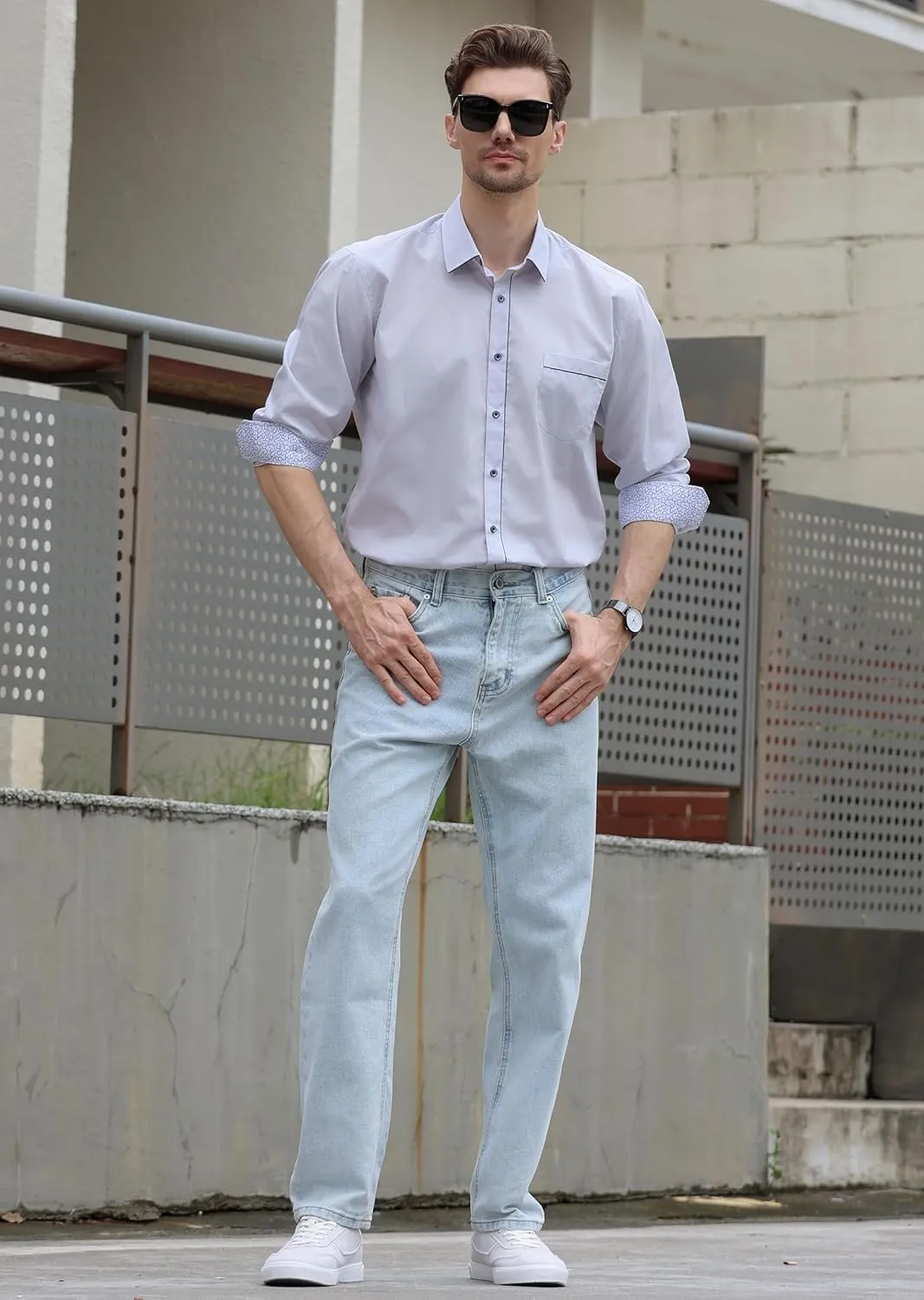 Beninos Men's Casual Long Sleeve Stretch Dress Shirt Wrinkle-Free Slim Fit Button Down Shirts