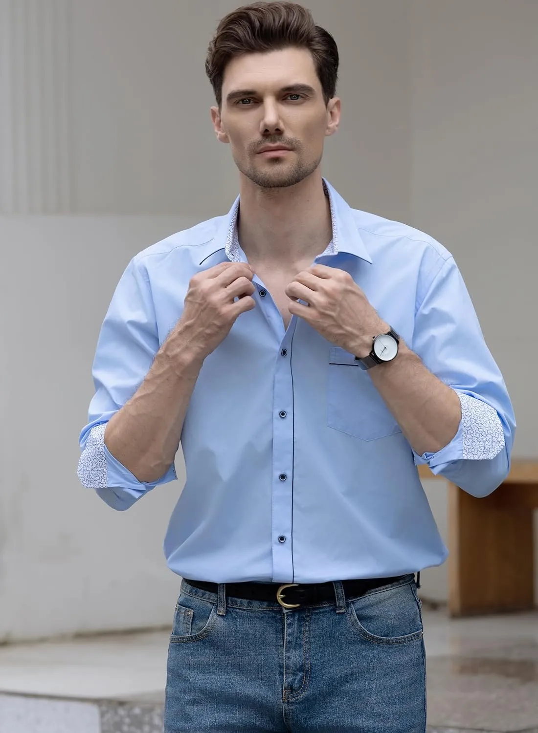 Beninos Men's Casual Long Sleeve Stretch Dress Shirt Wrinkle-Free Slim Fit Button Down Shirts