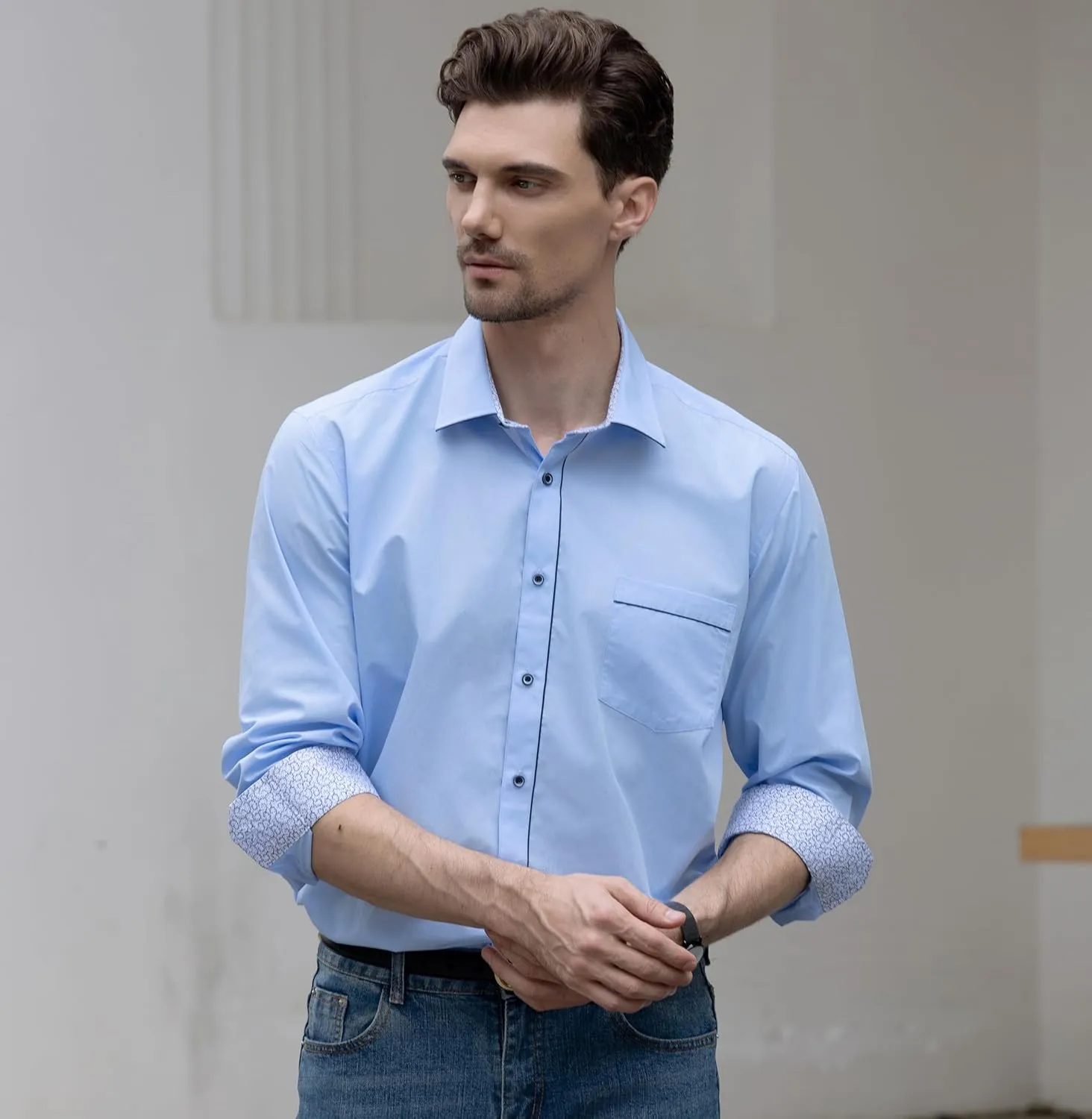 Beninos Men's Casual Long Sleeve Stretch Dress Shirt Wrinkle-Free Slim Fit Button Down Shirts