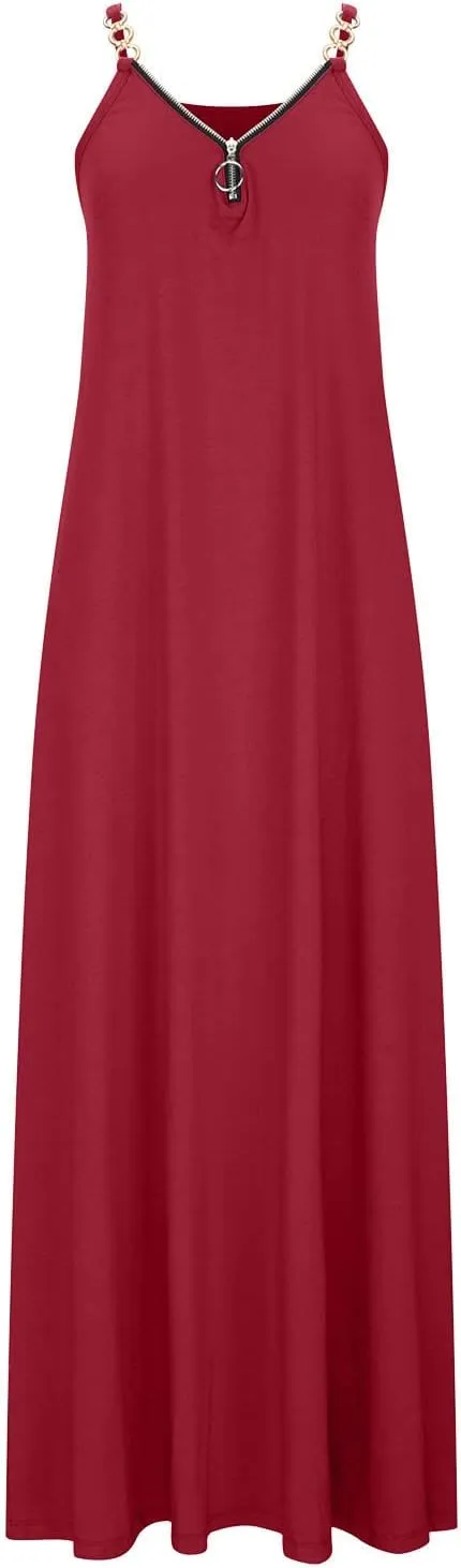 Binmer Summer Sun Dresses for Women 2024 Casual Boho Solid Color Ring Straps Zipper V Neck Beach Long Maxi Dress with Pockets