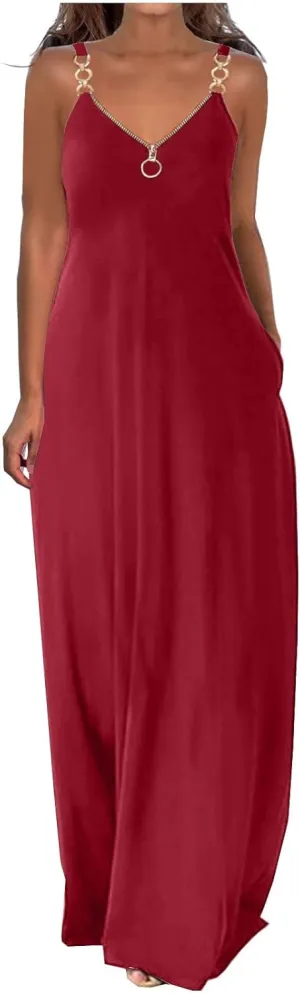 Binmer Summer Sun Dresses for Women 2024 Casual Boho Solid Color Ring Straps Zipper V Neck Beach Long Maxi Dress with Pockets