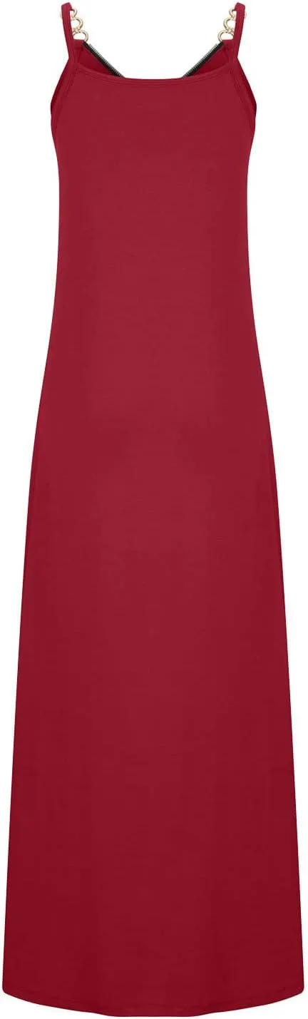 Binmer Summer Sun Dresses for Women 2024 Casual Boho Solid Color Ring Straps Zipper V Neck Beach Long Maxi Dress with Pockets