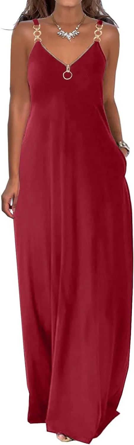 Binmer Summer Sun Dresses for Women 2024 Casual Boho Solid Color Ring Straps Zipper V Neck Beach Long Maxi Dress with Pockets