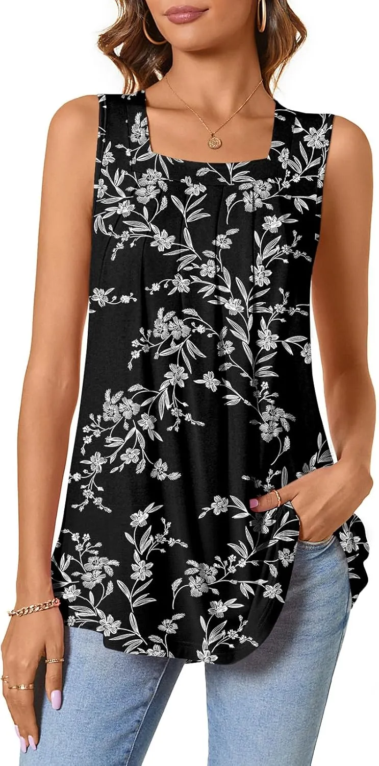 BISHUIGE Womens Summer Pleated Shirts Sleeveless Loose Fit Hem Tank Tops