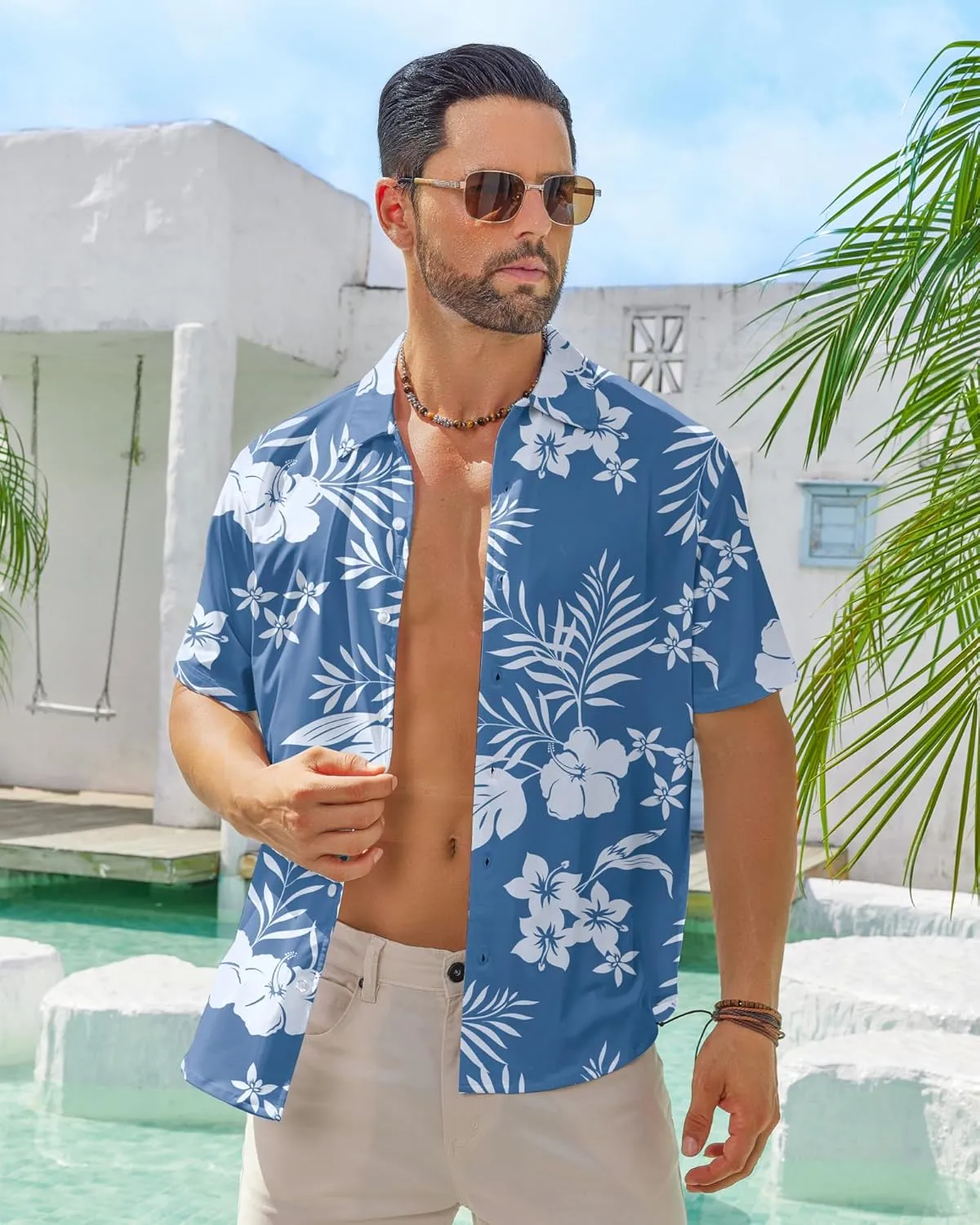 BOJIN Men's Hawaiian Wrinkle Free Short Sleeve Button Down Tropical Floral Beach Vacation Shirt