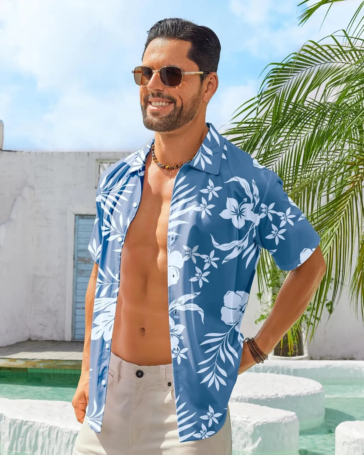 BOJIN Men's Hawaiian Wrinkle Free Short Sleeve Button Down Tropical Floral Beach Vacation Shirt