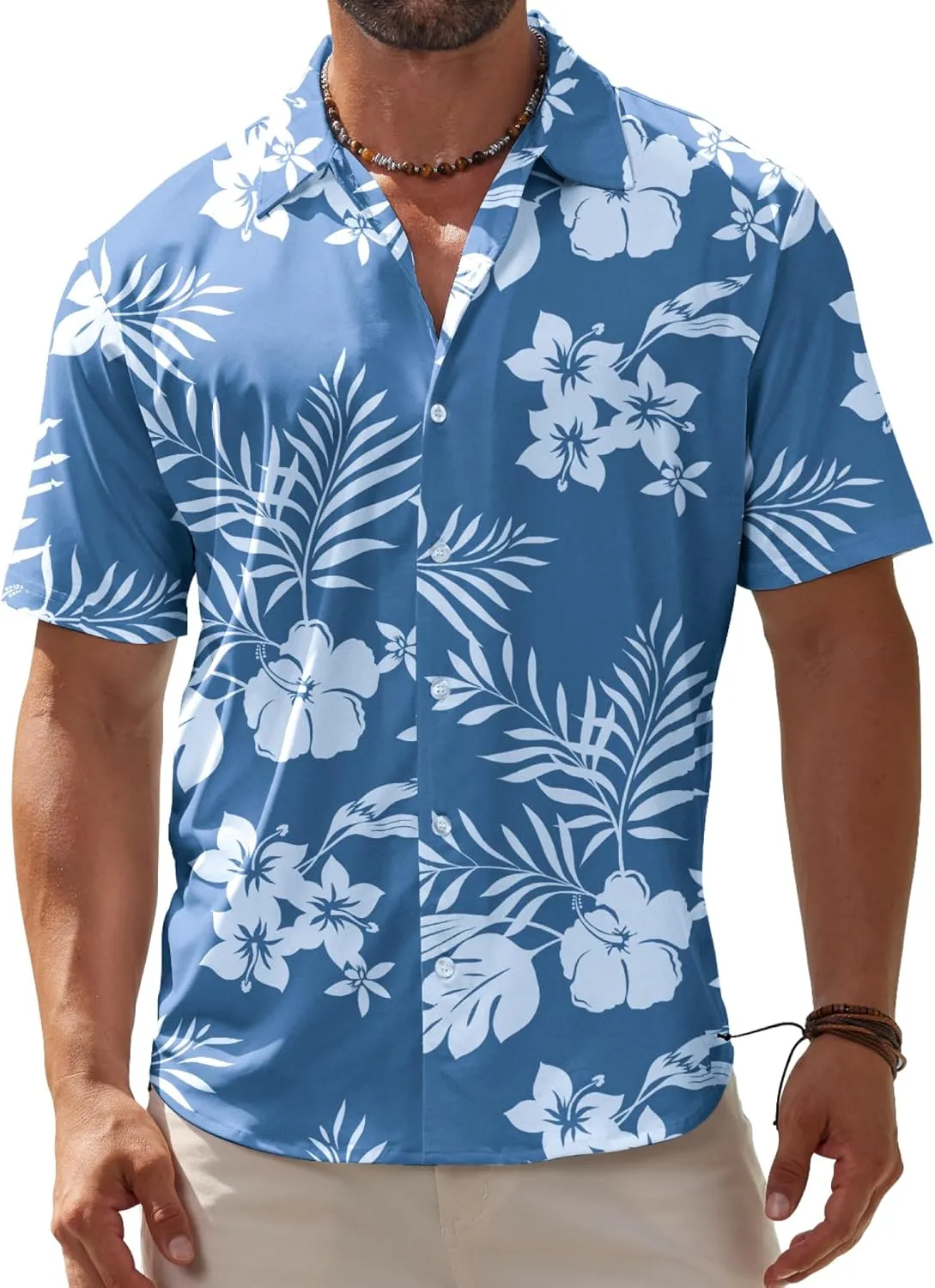 BOJIN Men's Hawaiian Wrinkle Free Short Sleeve Button Down Tropical Floral Beach Vacation Shirt