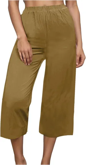 Capri Linen Pants Women Casual Wide Leg Summer Palazzo Pant Elastic High Waisted Flowy Beach Trouser with Pocket 2025
